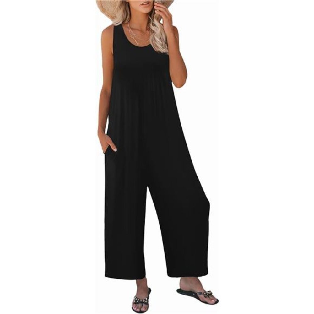 Women's Summer Black‎ Casual Loose Tank Jumpsuit Sleeveless Crewneck Long Pants